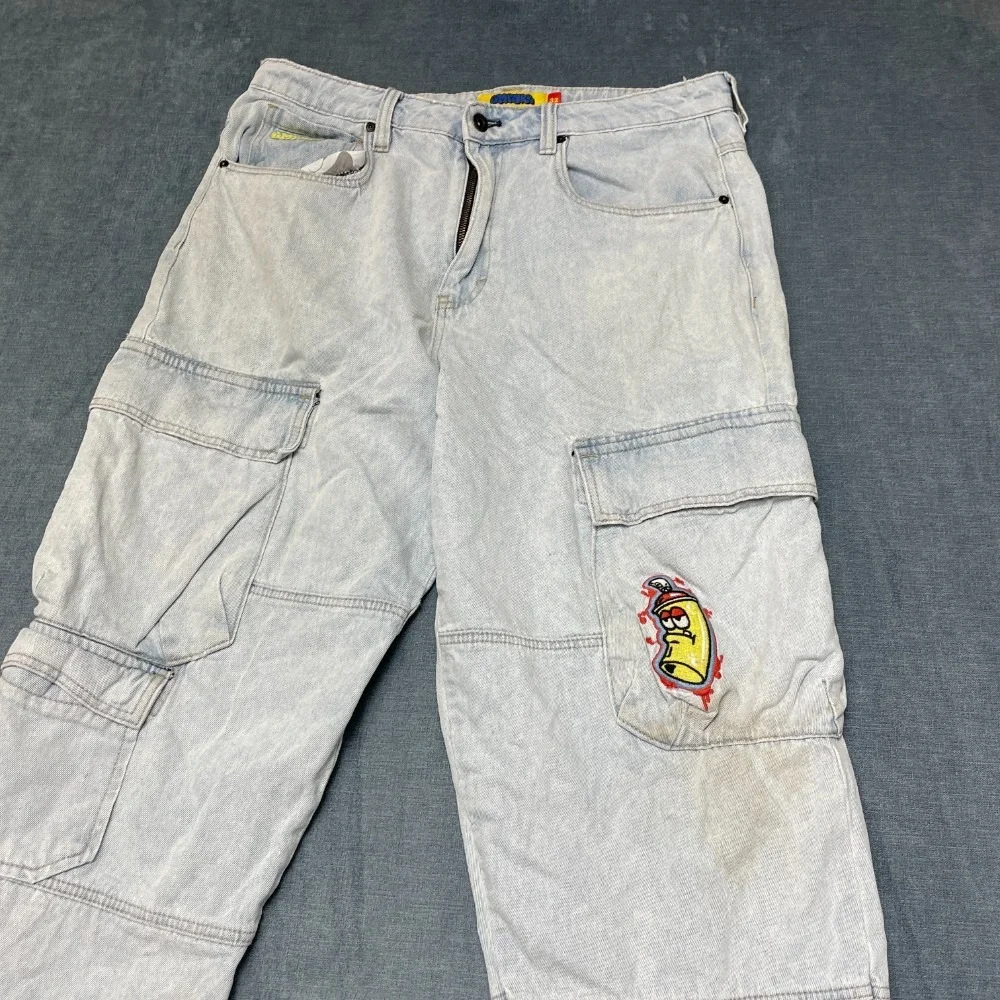 Empyre Loose Fit Cargo Jeans Mens 32 Blue Denim Flat Front Pockets Embroidered